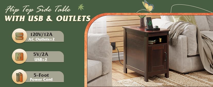 WLIVE End Table with Charging Station, Narrow Side Table for Living Room, Farmhouse Night Stand with Storage, Small Wooden Cabinet with USB Ports and Outlets for Living Room and Bedroom, Espresso