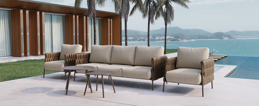 EAST OAK Life Chatter Patio Furniture Set 5 Pieces, Outdoor Furniture 5-Seat Sofa with Two Round Coffee Table, Waterproof Thick Cushion Deep Seating for Porch, Balcony, Chestnut Brown & Creamy Apricot