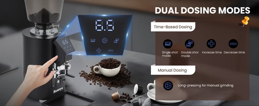 Huanyu Commercial Coffee Grinder with Touching Screen Infinite Adjustment 8 Grinding Settings Burr Coffee Grinders for Shops with Dual Dosing Modes
