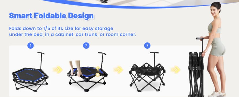 Foldable Mini Trampoline, Rebounder Trampoline with Adjustable Foam Handle, Fitness Trampoline for Indoor, Outdoor, Home Gym, Max Load 460lbs