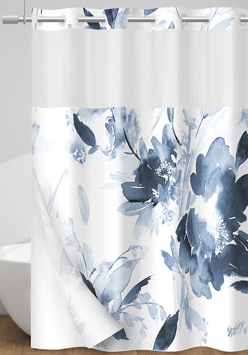 No Hook Shower Curtain with Snap in Liner - Watercolor Floral Shower Curtain - Fabric Waterproof Inner Liner, Plants Blue Beige Flowers White Cloth Shower Curtains Washable, 71 x 74 Inch