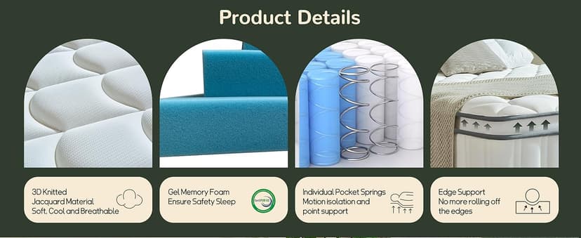 12 Inch Queen Size Hybrid Mattress with Cooling Gel and Individual Pocket Springs for Motion Isolation & Edge Support, Medium Firmness for Pressure Relief, CertiPUR-US Certified, in a Box