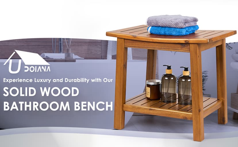 Teak Shower Bench, 20" Solid Wood Shower Stool Waterproof Shower Seat with Storage Shelf for Bathroom, Indoor & Outdoor Use