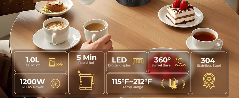 Electric Kettle 1.0L 1200W, 7 Temp Settings, 4H Keep-Warm, Fast-Boil Stainless Steel Electric Tea Kettle, 120V Water Boiler with Auto-Shut Off, Cool Touch PP Exterior for Home Office, Black