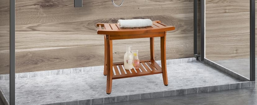 Utoplike Teak Shower Bench Seat with Handles, Portable Wooden Spa Bathing Stool with Storage Towel Shelf, 22" x 13" x 18.6", Perfect for Indoor and Outdoor Use