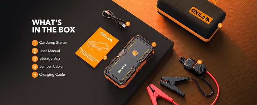 OXILAM Jump Starter 6000A for All Gas/12L Diesel, Car Battery Jumper Starter Portable, 12V Lithium Jump Box with Jumper Cables, LED Display, LED Light, Power Bank with USB, Type C Port