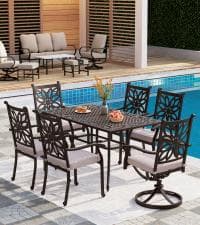 PHI VILLA Cast Aluminum Patio Dining Set for 6 Person, 7 Piece Outdoor Patio Set with 64" x 37" Cast-Top Aluminum Table(2.3" Umbrella Hole), 4 Dining Chairs and 2 Swivel Rockers with Seat Cushions