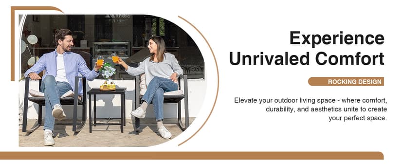 Devoko 3 Piece Rocking Bistro Set Wicker Patio Outdoor Furniture Porch Chairs Conversation Sets with Glass Coffee Table (Beige)