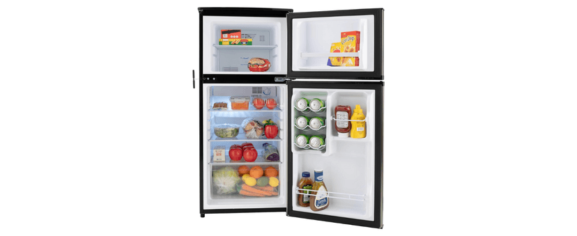 RecPro 4.4 Cu Ft RV Refrigerator | 12V Stainless Steel Fridge with Freezer | Frost-Free, Adjustable Shelves, Built-In Lock, Reversible Door | Off-Grid Ready Camper Fridge with Can Holder