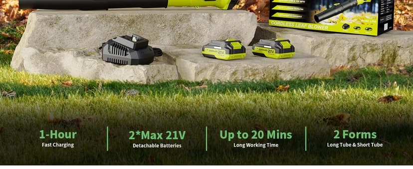 Leaf Blower, 21V Cordless Electric Blower with 2 2.0Ah Batteries and 1 Hour Fast Charger, Lightweight Leaf Blower for Patio Cleaning, Lawn Care, Blowing Fallen Leaves and Dust, etc.