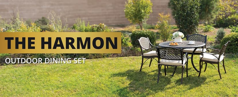 Kinger Home 5-Piece Cast Aluminum Outdoor Dining Furniture Set for 4, Round Patio Table and Chairs for 4 with Cushions, Outdoor Furniture Set with Umbrella Hole, All-Weather Patio Dining Set