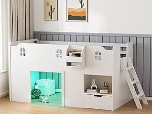 JOYMOR Low Loft Bed with Led Light, Loft Bed Twin Size with Castle Guardrail and Window, Staircase and Book Rack, Smart APP Control,No Box Spring Needed (White with Staircase)