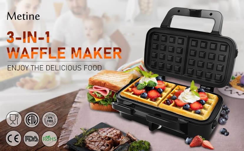 Waffle Makers, 3-in-1 Waffle Iron Panini Press Sandwich Maker with Removable Plates, 5-gears Temperature Control Non Stick Coating Cool Touch Handle Anti-skid Feet for Breakfast 1200W 120V