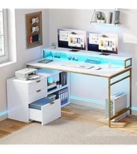 DWVO Farmhouse Office Desk with Drawer & Power Outlets, Wood Computer Desk w/LED Strip & Monitor Stand for Bedchamber Study, Home Office Table with Storage Cabinet for Working Writing Gaming (White)