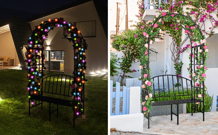 Garden Arch Heavy Duty (Holds 660lbs-250kg) | Metal Arbor Archway for Climbing Plant & Two People Seat Bench |Outdoor Lawn Backyard Decor 81 x 45.3 x 20 in - Black