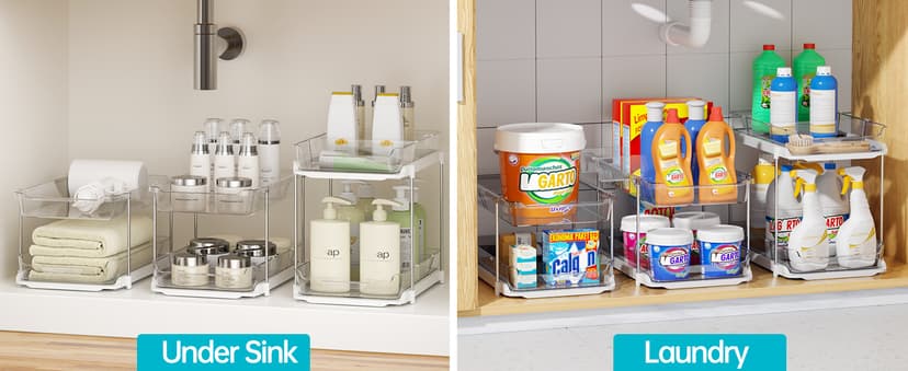 Delamu 2 Sets of 3-Tier Bathroom Under Sink Organizers and Storage, Multi-Purpose Stackable Pantry Organization and Storage, Pull Out Clear Kitchen Bathroom Cabinet Organizer with Movable Dividers