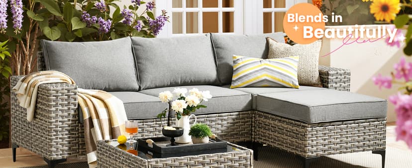 HOOOWOOO Outdoor Sectional Furniture Set,8 Pieces Wicker Patio Conversation Sets,L Shape All Weather Outside Couch Sofa Set with Swivel Chairs Ottoman,Black