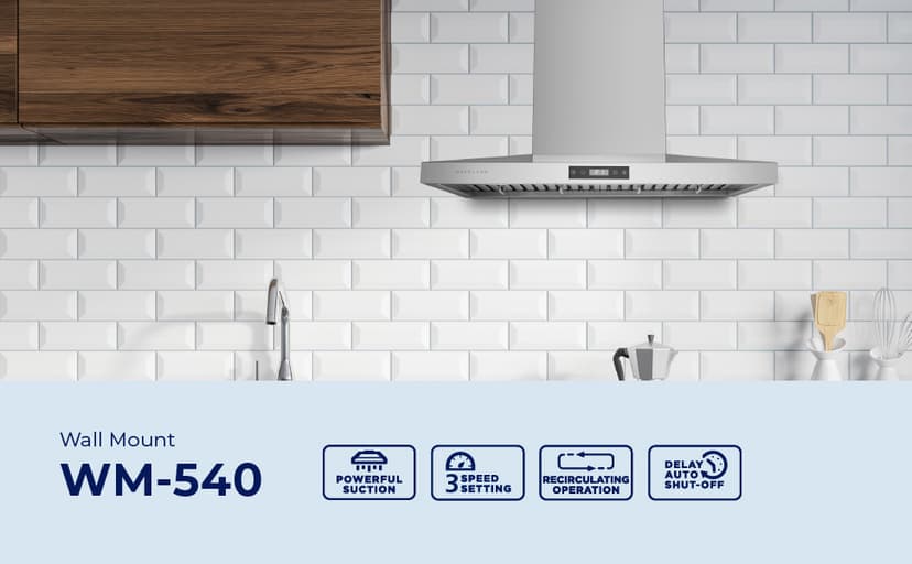 Hauslane 30” Wall Mount Range Hood Low Noise Performance Contemporary Design, Full-Size Handle Professional-Grade Baffle Filters, LED Lamps, Stainless Steel Chef Series WM-540 Ducted or Ductless