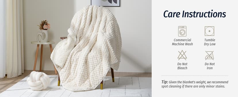 Wemore Fleece Weighted Blanket for Adults (60" x 80" 15lbs, Cream White), Dual Sided Cozy Soft Sherpa Heavy Blanket with 3D Imitation Turtle Shell Warm Jacquard Flannel for Couch and Bed