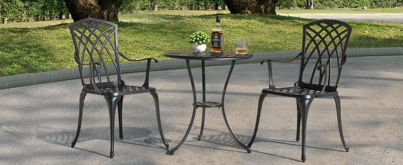 NUU GARDEN Patio Bistro Sets 3 Piece Cast Aluminum Bistro Table and Chairs Set with Umbrella Hole Bistro Set of 2 for Patio Backyard, Black