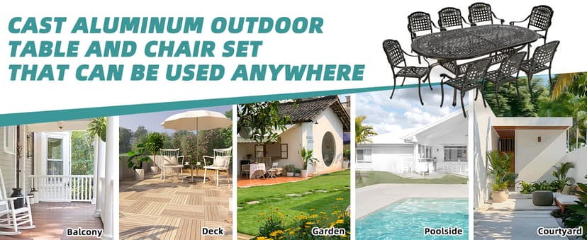 MEETWARM 9-Piece Outdoor Furniture Dining Set, All Weather Cast Aluminum Patio Garden Set with 8 Chairs,1 Oval Table, 2" Umbrella Hole, Dark Bronze