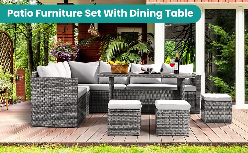 Patio Furniture Set, 7 Pieces Outdoor Patio Furniture with Dining Table&Chair, All Weather Wicker Conversation Set with Ottoman,Grey (Include Sofa Dust Cover)