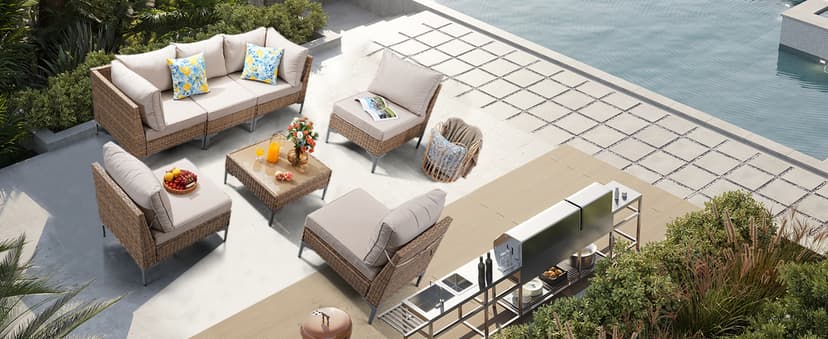 7 Piece Wicker Patio Furniture Set,Outdoor Conversation Sectional Sofa w/Coffee Table,All-Weather Outdoor Sofa with Thick and Anti-Slip Cushions for Deck,Poolside,Garden,Beige