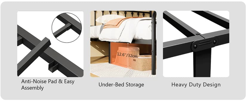 King Size Metal Platform Bed Frame/Victorian Style Headboard and Footboard/Steel Slat Support/Easy Assembly/No Box Spring Needed/Underbed Storage/Noise Free/Black