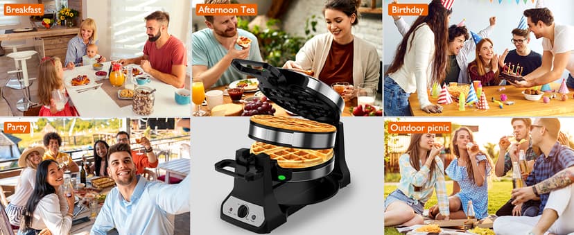 Waffle Maker, 1400W Belgian Waffle Maker, Double Waffle Iron 180° Flip, Rotating Nonstick Plates, Adjustable Browning Control, Locking Buckle & Cool Touch Handle, Removable Drip Tray, Stainless Steel