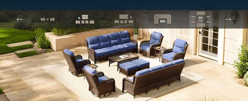 HILLGA Luxury Patio Furniture Set with 6-inch Thick Cushion, Outdoor Couch and High Back Swivel Rocker Patio Chairs, 7PCS Wicker Conversation Set for Deck Yard and Poolside, Blue (V2)