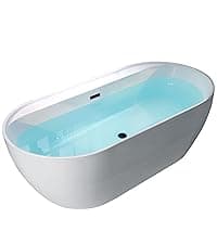 WOODBRIDGE 59" Acrylic Freestanding Bathtub Contemporary Soaking Tub with Matte Black Overflow and Drain,White Tub,B0058-MB