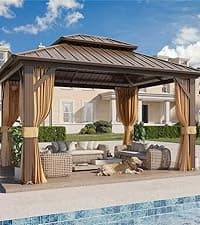 YOLENY 10'x13' Hardtop Gazebo, Outdoor Polycarbonate Double Roof Canopy, Aluminum Frame Permanent Pavilion with Curtains and Netting, Sunshade for Garden, Patio, Lawns