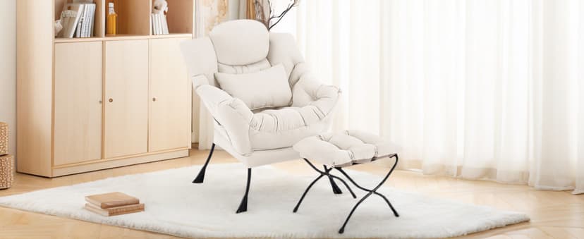 Lazy Chair with Ottoman, Modern Lounge Armchair with Lumbar Pillow, Accent Cozy Reading Chair and Folding Footstool for Bedroom, Dorm, Living Room,Khaki