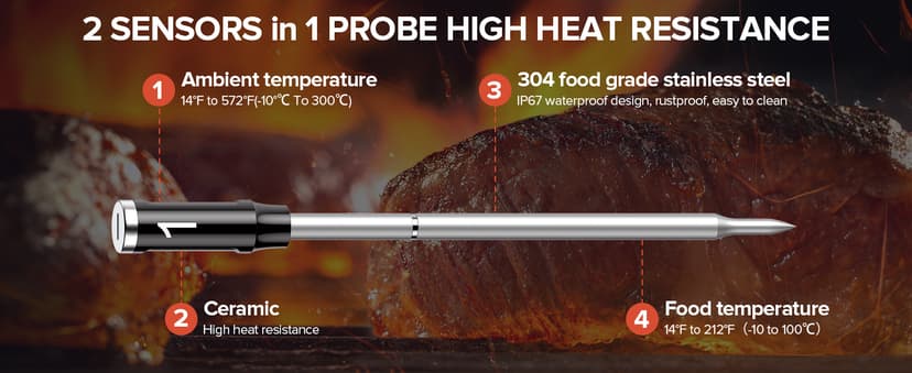 Smart Wireless Meat Thermometer with Dual Probes, Bluetooth & WiFi Combo, High Precision & Fast Response for BBQ, Grill, Smoker, Oven, Air Fryer
