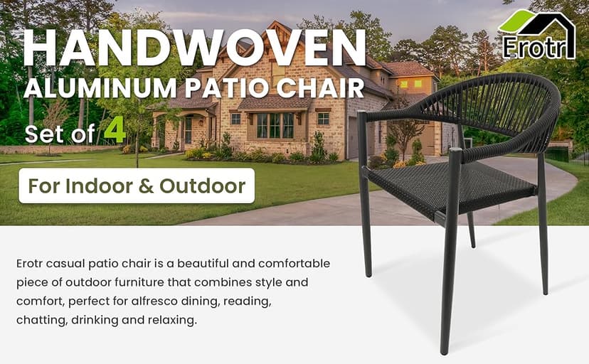 4 Pcs Stackable Patio Dining Chairs, Aluminum Rattan Outdoor Dining Chair with Arms, Woven Rope Garden Armchair Metal No Assembly for Bistro Balcony Porch Deck Yard Cafe Restaurant, Black