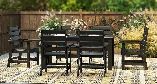 GREENVINES 7-Piece Outdoor-Dining-Set | HDPE Plastic 67'' Table and Chairs Sets for 6 | Patio Furniture | All Weather | Umbrella Hole | Black | for Poolside Garden Backyard