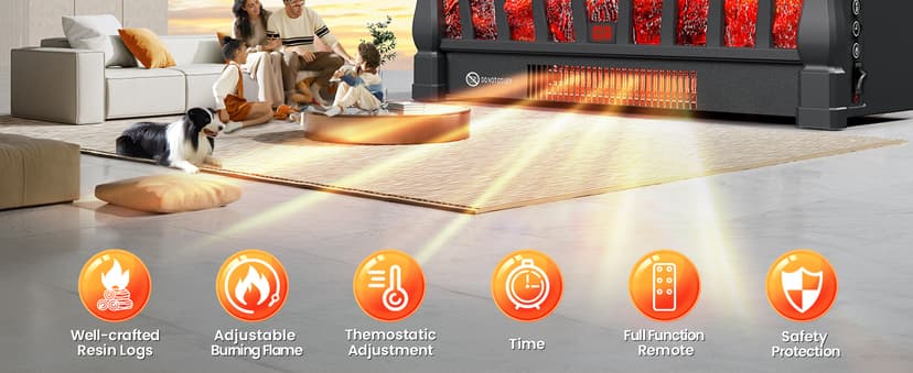 Electric Fireplace Logs Inserts Heater with Infrared Remote Controller 5 Flame Brightness 24 H Timer Overheating Protection for Home and Office Decor Black