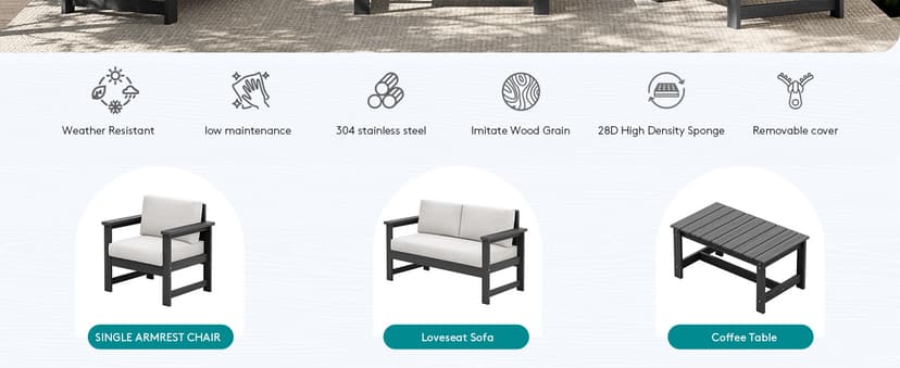 SERWALL 5 Pieces HDPE Outdoor Sofa Set with Cushions, All Weather Use Patio Conversation Couch Loveseat Furniture with Coffee Table for Balcony, Deck, Poolside, Grey Frame with Khaki Cushions