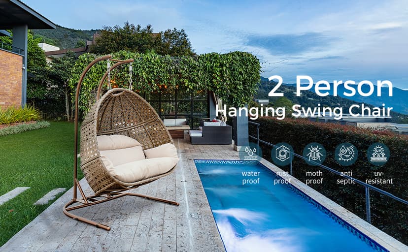 Qwork Double Egg Chair with Stand,2 Person Wicker Rattan Hanging Swing Chair, Hammock Swing Chair UV Resistant Cushion with Stand for Indoor Bedroom Outdoor Garden Backyard