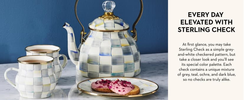 MACKENZIE-CHILDS Enamel Tea Kettle, Stylish Tea Kettle for Stovetop, Green-and-White Emerald Check, 2 Quarts