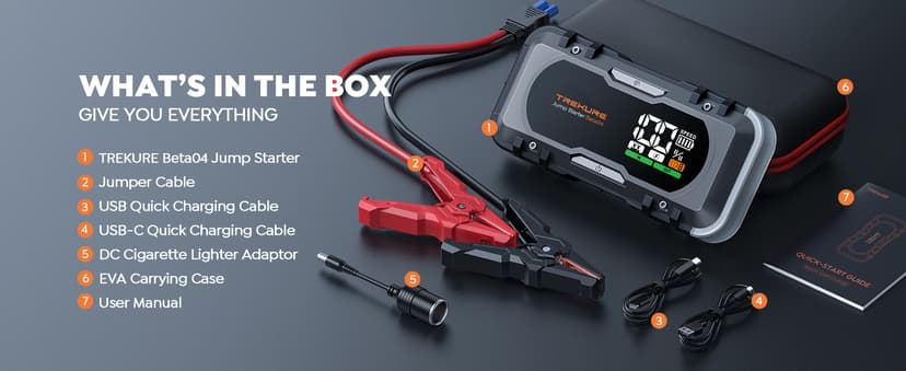 8-in-1 Car Battery Jump Starter 7000A Peak 65W Fast Charging Portable Car Battery Jumper Starter Portable (All Gas/10L Diesel) Jump Box with Extended Jumper Cables