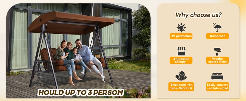 3 in 1 Outdoor Porch Swing with Adjustable Canopy, 3 Seat Outdoor Swing for Adults, Patio Swing Chair with Thickened Cushions,Pillows & Cup Holders for Backyard, Porch, Garden (Brown)