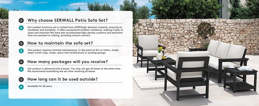 SERWALL HDPE Patio Furniture Set, 7-Piece Outdoor Sectional Sofa Set, All Weather Outdoor Couch Set for Deck, Lawn, Black Frame with Khaki Cushion