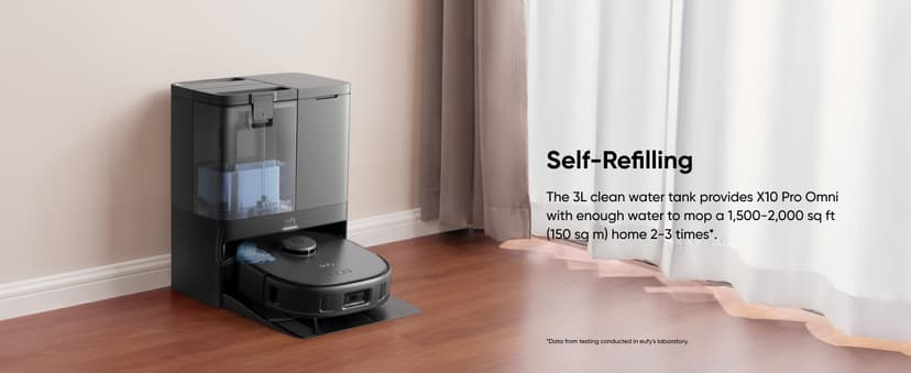 eufy X10 Pro Omni Robot Vacuum and Mop Combo, 8,000 Pa Suction, Dual Mops with 12 mm Auto-Lift and Carpet Detection, AI Obstacle Avoidance, Auto Mop Washing, Auto Drying, Self-Emptying, Self-Refilling