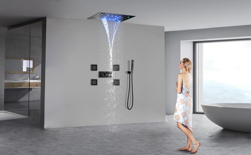 Waterfall And Rain Shower System Faucet Set 14 X 20 Inch LED Ceiling Rainfall Matte Black Shower Head With Handheld Spray Combo Shower Body Jets For Bathroom