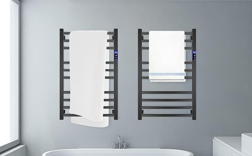 Black Towel Warmer Rack for Bathroom with Timer/Fahrenheit Display Electric Heated 10 Bars Drying Rail Plug-in or Hardwired Wall Mounted Heating Bath Towel Warming(Matte Black)