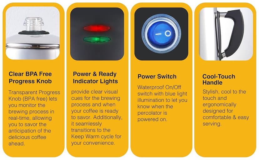 Elite Gourmet EC923 Electric Coffee Percolator, BPA Free, Keep Warm, Clear Brew Progress Knob, Cool-Touch Handle, Cordless Serve, 12-Cup, Stainless Steel