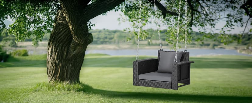 VINGLI 2.2 FT 1-Person Use Rattan Porch Swing Outdoor Support 440 LBS with Cushions & Adjustable Chains, Patio Wicker Swing Bench Chair for Garden, Yard, Lawn, Tree, Black