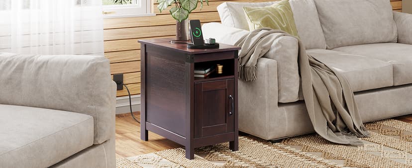 WLIVE End Table with Charging Station, Narrow Side Table for Living Room, Farmhouse Night Stand with Storage, Small Wooden Cabinet with USB Ports and Outlets for Living Room and Bedroom, Espresso