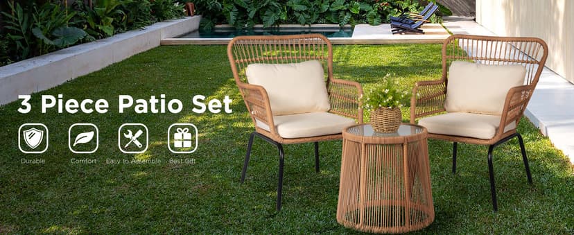 3 Piece Outdoor Wicker Furniture Bistro Set, Rattan Chairs Conversation Sets Wicker Patio Furniture for Balcony Poolside Backyard, Yellow/Beige
